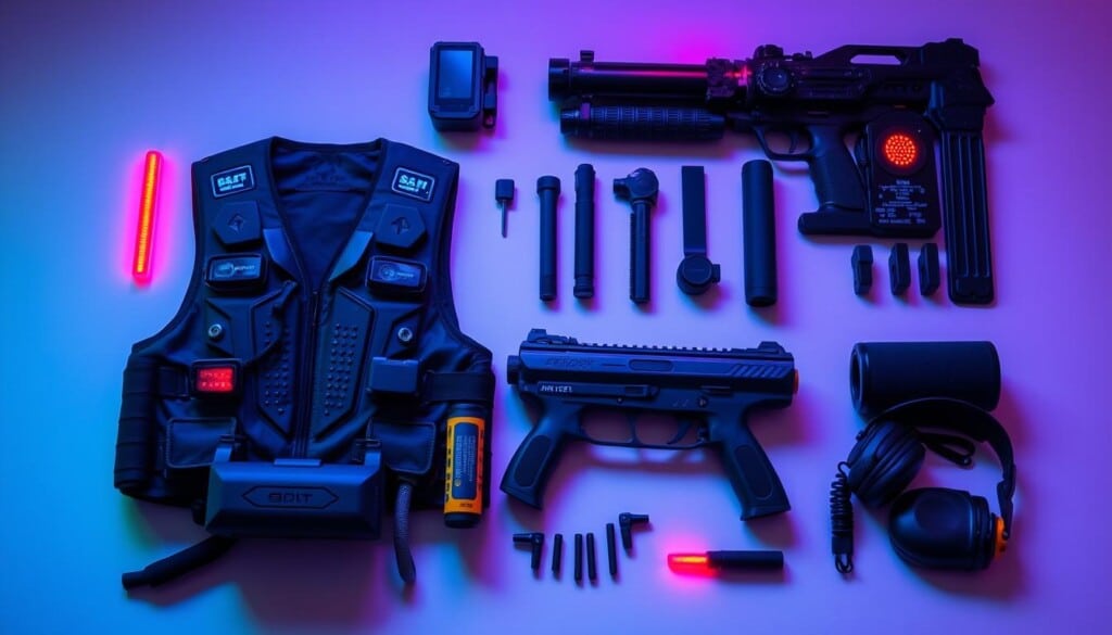 A well-lit, high-resolution image of an assortment of laser tag equipment and gear, including a futuristic-looking vest with built-in sensors, a sleek and ergonomic handheld laser gun, and a variety of other accessories like vests, headsets, and target sensors. The equipment is arranged on a clean, minimalist background, showcasing its modern design and advanced technology. The lighting is dramatic, with a mix of cool, vibrant colors that create a sense of energy and excitement, perfect for the "Laser Tag Equipment and Gear" section of the "Ultimate Laser Tag Guide - Tips & Fun Facts" article.