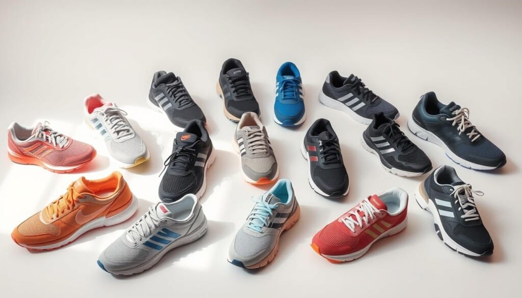A well-lit, high-resolution image of an assortment of stylish athletic footwear, including running shoes, sneakers, and trainers, arranged on a clean, minimalist backdrop. The shoes are presented in a variety of colors and designs, showcasing the latest trends and innovations in sportswear fashion. The lighting is soft and diffused, creating a warm, inviting atmosphere that highlights the materials, textures, and details of the shoes. The camera angle is slightly elevated, offering a comprehensive view of the collection while maintaining a sense of balance and symmetry. The overall composition conveys a sense of sophistication and visual appeal, capturing the essence of the "Top Shoe Stores in the USA for Stylish Footwear" and the "Exploring Popular Shoe Store Chains" section.