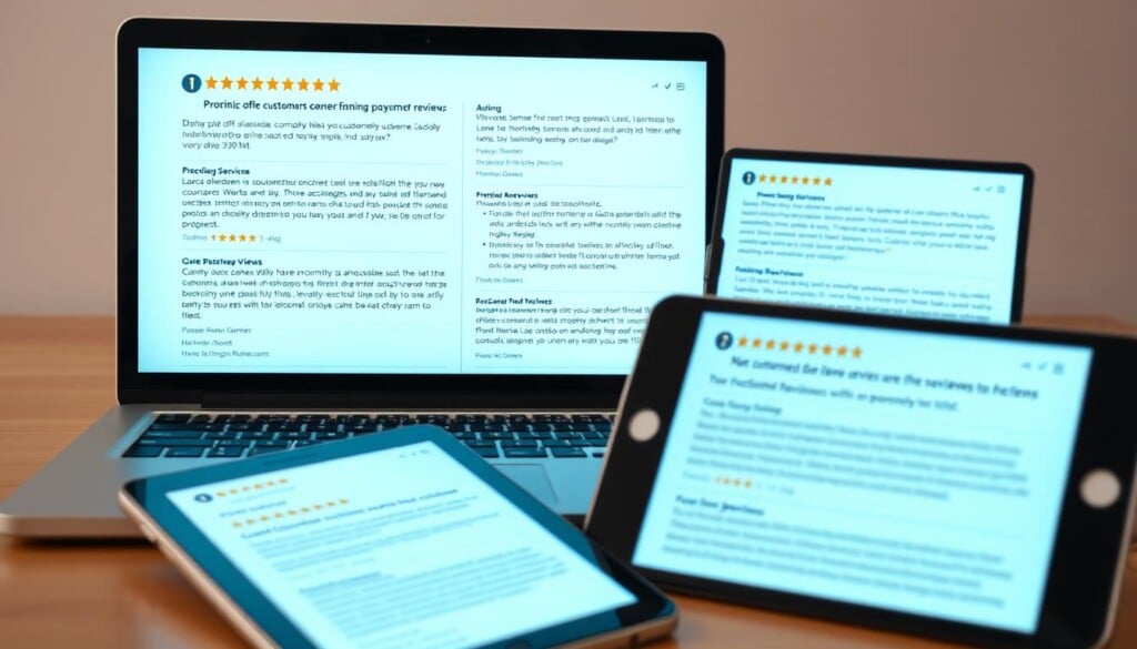 A well-lit, high-resolution image of customer reviews displayed on various digital devices, including a laptop, tablet, and smartphone. The reviews cover a wide range of topics, from product quality and customer service to pricing and overall satisfaction. The devices are arranged in a visually appealing composition, with a clean and minimalist background that emphasizes the content of the reviews. The lighting is soft and natural, creating a warm and inviting atmosphere that encourages the viewer to engage with the information. The angle and perspective of the shot highlight the importance of the reviews in making informed decisions.