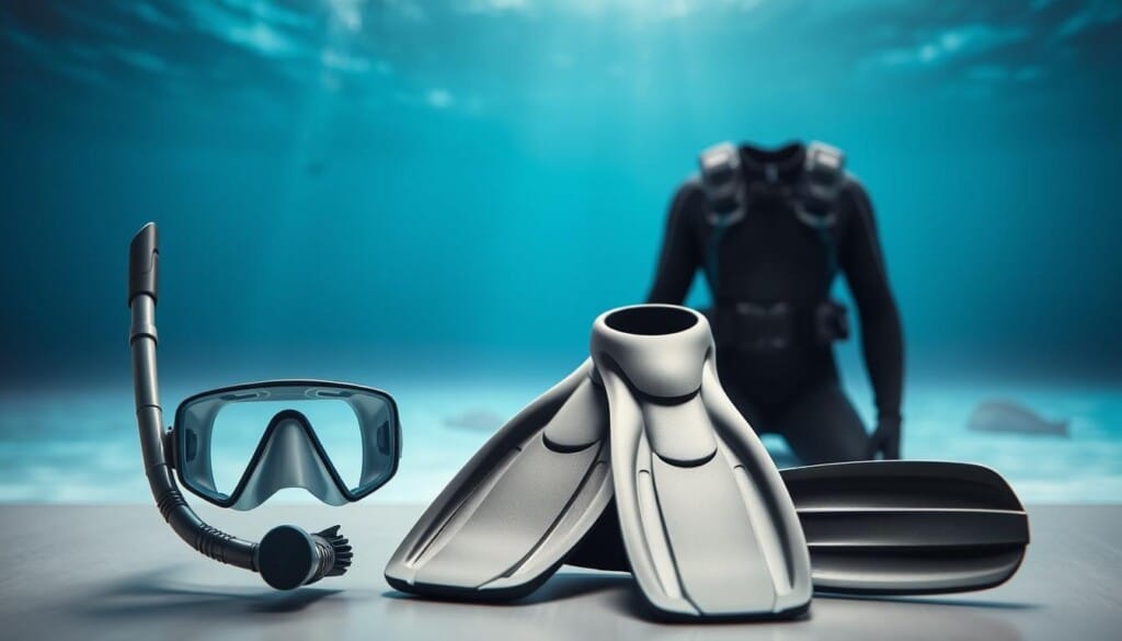 A well-lit, high-resolution image of essential free diving gear, showcasing a sleek and minimal aesthetic. In the foreground, a high-quality snorkel, mask, and fins in muted, ocean-inspired colors are neatly arranged. In the middle ground, a streamlined wetsuit and weight belt are displayed, highlighting their functionality and durability. The background features a serene, underwater-themed backdrop, evoking a sense of tranquility and the vast, mysterious depths of the ocean. The lighting is soft and natural, creating a calming and inviting atmosphere that emphasizes the gear's purpose and design.