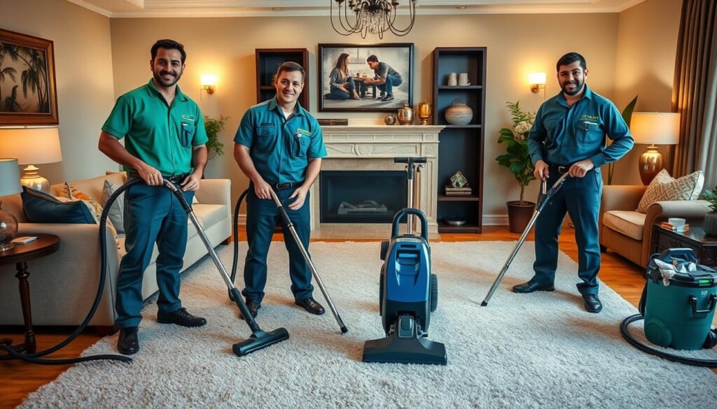 A well-lit, high-resolution image of four professional carpet cleaning experts from LocalZ, dressed in uniform and standing confidently in a residential living room setting. The experts are meticulously cleaning a plush, high-quality carpet using advanced equipment, showcasing their expertise and attention to detail. The background features tasteful decor and lighting, creating a warm, inviting atmosphere. The composition is balanced, with the experts positioned prominently in the foreground, surrounded by the neatly arranged cleaning tools and supplies. The overall scene conveys a sense of professionalism, reliability, and the company's commitment to delivering exceptional carpet cleaning services.