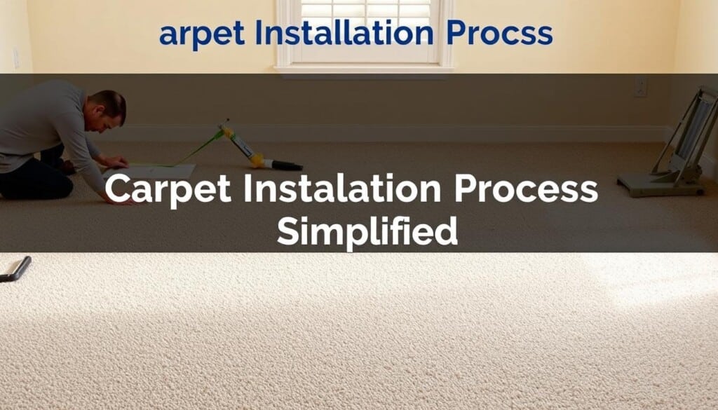 A well-lit, high-resolution image of the carpet installation process. Crisp, detailed view of the various steps - measuring the room, cutting the carpet, applying adhesive, laying the carpet, and using a knee kicker to stretch and secure the edges. The process is shown from a slightly elevated angle, capturing the entire workflow in a clean, professional manner. The scene has a warm, inviting atmosphere with natural lighting, showcasing the care and precision required for a successful carpet installation. Technical details like the tools, adhesive, and seaming tape are clearly visible, conveying the expertise involved. The overall image has a harmonious, step-by-step visual narrative that effectively illustrates the "Carpet Installation Process Simplified" concept.