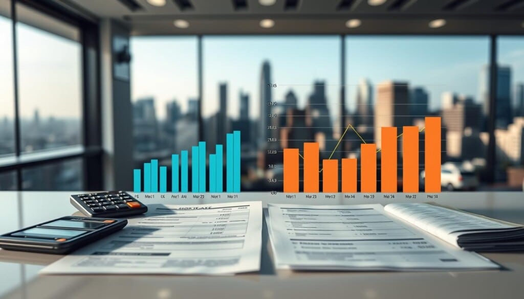 A well-lit, high-resolution image showcasing a side-by-side comparison of mortgage offers. The foreground features several mortgage documents and calculators on a modern, minimalist desk. The middle ground displays stacked bar graphs and line charts visualizing key metrics like interest rates, loan terms, and monthly payments. The background blurs out to reveal a city skyline, conveying a sense of financial security and urban prosperity. The overall mood is professional, data-driven, and designed to aid informed decision-making about mortgages.