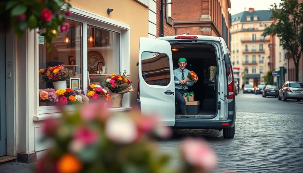 A well-lit, high-resolution photograph of a cheerful flower delivery service storefront, showcasing a vibrant arrangement of fresh, colorful blooms displayed in the window against a backdrop of a quaint, historic building. The delivery driver, dressed in a crisp uniform, is carefully loading a bouquet into a sleek, eco-friendly electric van, conveying a sense of professionalism and sustainability. The scene is bathed in warm, natural lighting, creating a welcoming and inviting atmosphere, set against a blurred, cobblestone street in the foreground and a picturesque urban landscape in the distance, evoking a charming, neighborhood feel.