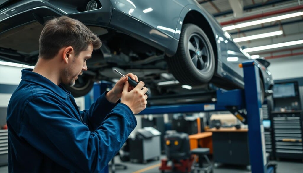 A well-lit, high-resolution photograph of a comprehensive auto inspection process. In the foreground, a mechanic in a blue jumpsuit meticulously examines the engine components of a sedan using a set of precision tools. The middle ground features the car being lifted on a hydraulic lift, its undercarriage exposed for a thorough inspection. In the background, the workshop is equipped with state-of-the-art diagnostic equipment and organized workstations, conveying a sense of professionalism and attention to detail. The lighting is soft yet evenly distributed, creating shadows that accentuate the intricate details of the vehicle and the mechanics' work. The overall mood is one of diligence, expertise, and a commitment to ensuring the vehicle's safety and roadworthiness.