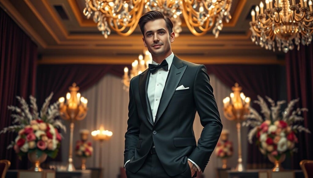 A well-lit, high-resolution photograph of a dashing gentleman in a sleek, midnight-black tuxedo, expertly tailored to his frame. The tuxedo features a crisp white shirt, a smart bow tie, and gleaming patent leather shoes. The man stands in a posh, dimly-lit event space, framed by elegant decor - sparkling chandeliers, lush floral arrangements, and plush velvet curtains. The lighting is soft and flattering, creating a warm, sophisticated ambiance. The man's confident, poised expression conveys the perfect blend of style and elegance, perfectly encapsulating the allure of a memorable formal event.