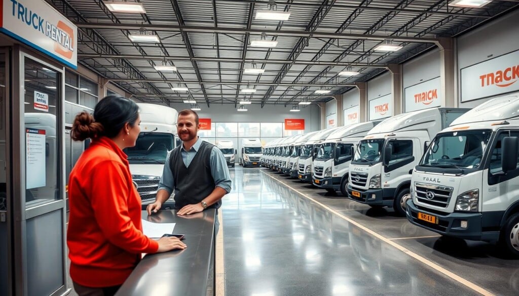 A well-lit, high-resolution photograph of a truck rental process, captured with a wide-angle lens. The foreground features a customer standing at a rental counter, engaging with a friendly staff member who is guiding them through the rental procedure. The middle ground showcases a fleet of various sized trucks, each neatly parked and ready for pick-up. The background depicts a clean, modern rental facility with ample signage and branding, conveying a professional and trustworthy atmosphere. The overall scene exudes efficiency, convenience, and a streamlined customer experience.