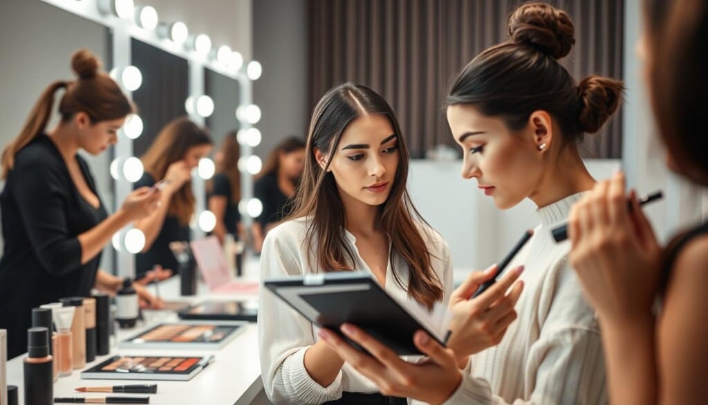 A well-lit, high-resolution photograph of a young woman in a beauty studio, examining makeup samples with a team of professional makeup artists. The woman is focused, evaluating color palettes and techniques, while the artists offer guidance and suggestions. The studio is modern and minimalist, with soft lighting and clean surfaces, creating an atmosphere of refined elegance. The angles capture the woman's face in a flattering perspective, showcasing the makeup application process in detail. The overall mood is one of thoughtful collaboration and artistic expression, reflecting the process of finding the right makeup artist for a desired look.