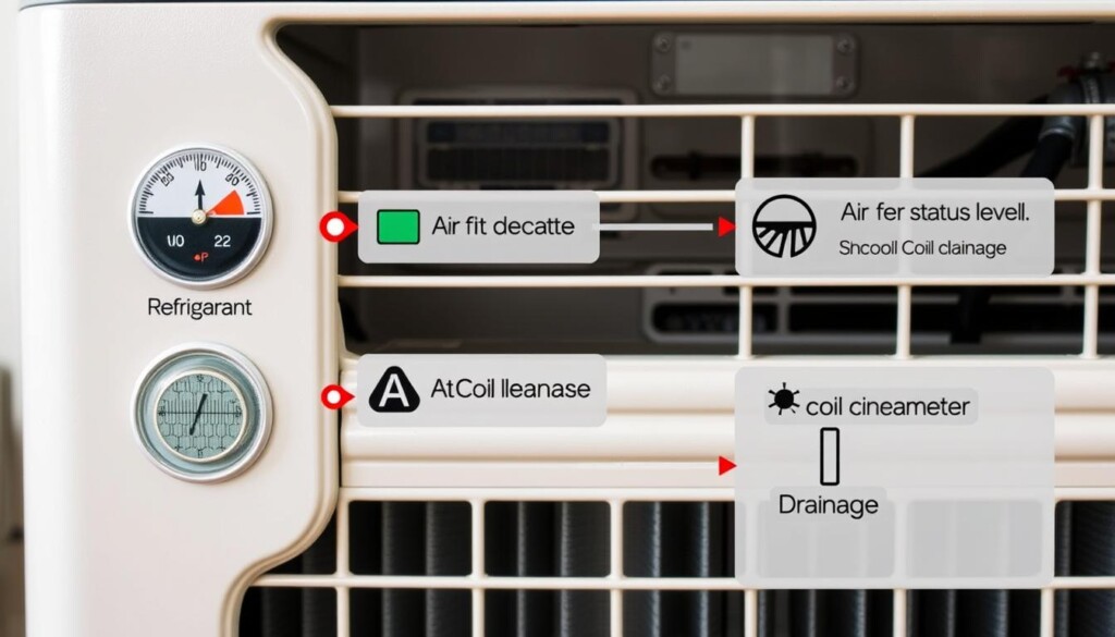 A well-lit, high-resolution photograph of an air conditioning unit displaying various maintenance indicators, including a refrigerant level gauge, air filter status light, coil cleanliness meter, and condensation drainage system. The indicators are presented in a clear, organized manner against a neutral background, allowing the viewer to easily identify the necessary maintenance needs. The image conveys a sense of technical precision and functionality, suitable for an educational article on efficient air conditioning upkeep.
