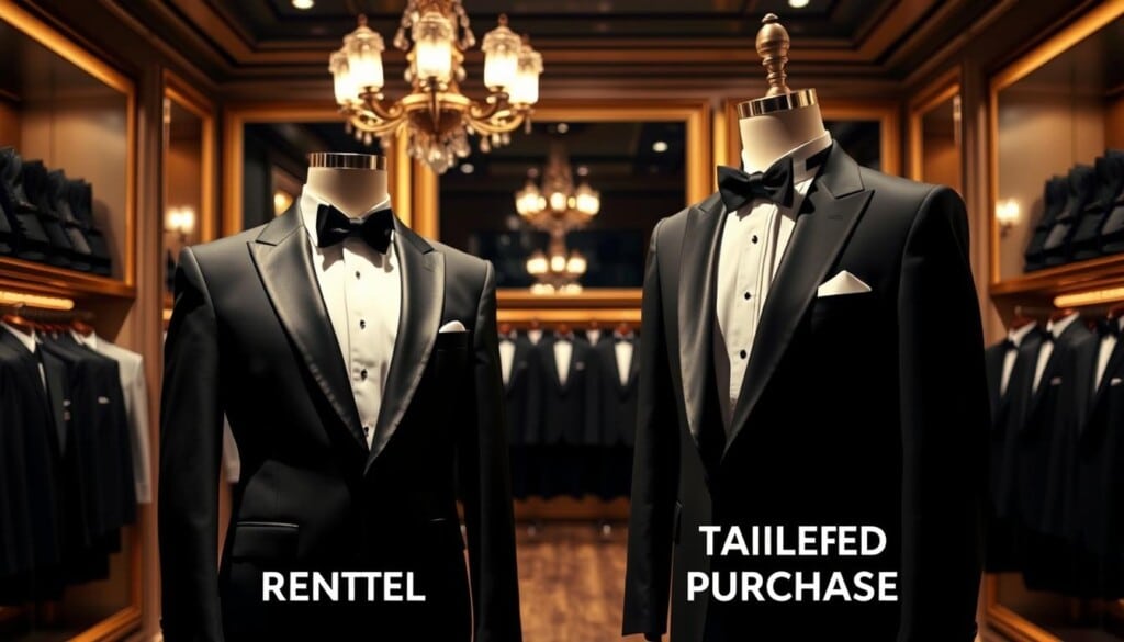 A well-lit, high-resolution photograph showcasing a side-by-side comparison of a tuxedo rental and a tuxedo purchase. In the foreground, two tuxedo-clad mannequins stand strikingly, one in a classic rental tuxedo and the other in a tailored, purchased tuxedo. The middle ground highlights the differences in fabric, fit, and overall quality between the two options. In the background, a luxurious, dimly-lit tuxedo shop interior sets the mood, with rows of neatly pressed tuxedos lining the shelves. The lighting casts a warm, sophisticated glow, emphasizing the elegance and formality of the tuxedo experience. The image conveys a sense of thoughtful consideration, guiding the viewer to make an informed decision between tuxedo rental and purchase.