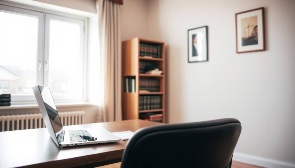 A well-lit home office scene, with a desk and chair in the foreground. On the desk, a laptop, a pen, and a notepad are arranged neatly. In the middle ground, a bookshelf filled with law books stands against the wall. The background features a large window, allowing natural light to flood the room, creating a warm and inviting atmosphere. The walls are adorned with minimal, tasteful artwork, conveying a professional yet approachable setting. The overall mood is one of focused preparation, with a sense of attention to detail and organization, reflecting the care and diligence of an experienced personal injury attorney.