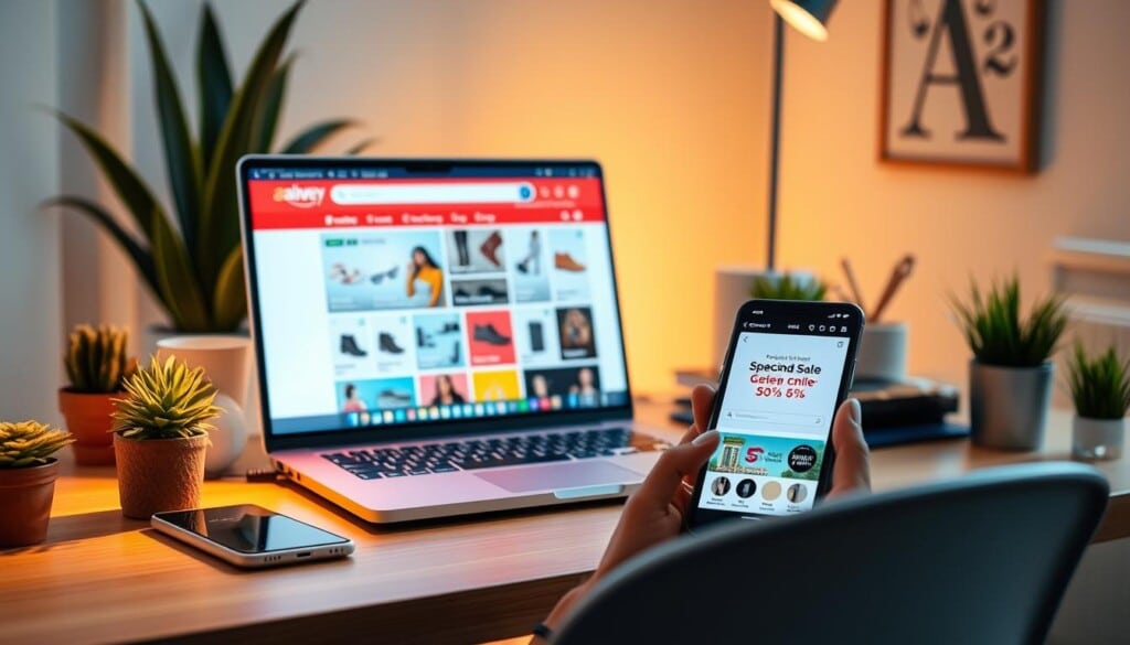 A well-lit home office setup, with a laptop and smartphone on a clean wooden desk. The desk is surrounded by potted plants and minimalist decor, creating a serene and productive environment. The laptop screen displays a vibrant e-commerce website, showcasing a variety of discounted products in various categories. The smartphone shows a notification for a special online sale, enticing the viewer to explore the deals. The lighting is soft and warm, with a combination of natural and artificial sources, casting a cozy glow over the scene. The overall atmosphere conveys a sense of efficiency, organization, and the joy of finding great bargains through online discount shopping.