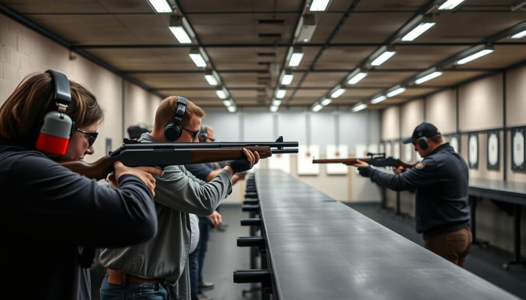 A well-lit indoor gun range, with a long shooting lane stretching out in the foreground. Shooters in protective gear - safety glasses, ear muffs, and gloves - carefully aim their weapons downrange. The range officer observes, ensuring proper techniques and responsible handling. Targets at varying distances, clearly visible. Subtle backlighting accentuates the sleek metal and wood of the firearms. The atmosphere is focused, with a sense of controlled power and discipline. Precise, technical details are rendered with high fidelity, conveying the importance of safety protocols in this specialized environment.