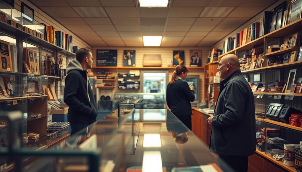 A well-lit interior of a local pawn shop, the counter in the foreground displaying various pawned items secured behind glass display cases. A customer stands across the counter, discussing a potential loan with the pawnbroker, their faces partially obscured to maintain privacy. The shop's walls are lined with shelves stocked with a diverse array of goods, creating a sense of security and trust in the establishment's ability to safeguard its customers' valuables. Soft, warm lighting illuminates the scene, conveying a sense of professionalism and reliability. The overall atmosphere is one of a secure, well-managed pawn shop where customers can feel confident in their transactions.