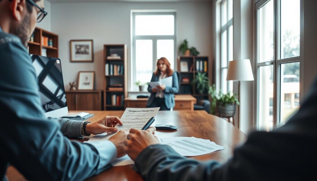 A well-lit interior office scene with a wooden desk, computer, and paperwork showcasing the mortgage refinancing process. In the foreground, a person reviews loan documents, while in the middle ground, a financial advisor discusses options. The background features bookshelves, a framed diploma, and large windows letting in natural light, conveying a professional and trustworthy atmosphere. The image should have a clean, organized, and focused composition, reflecting the step-by-step nature of the refinancing process.