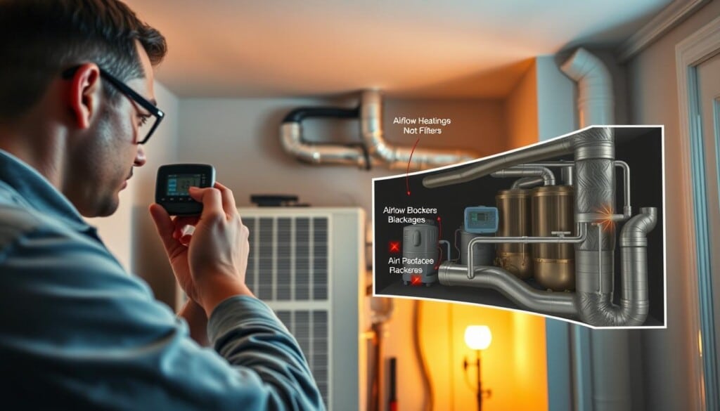 A well-lit interior scene of a home's heating and cooling system, showcasing common HVAC troubleshooting issues. In the foreground, a technician examines a thermostat, diagnosing potential problems. The middle ground features a central unit, with various components like the condenser, compressor, and air filters visible. In the background, a cutaway view of the ductwork system reveals airflow blockages and insulation gaps. Warm lighting illuminates the scene, creating a sense of focus and professionalism. The overall atmosphere conveys a calm, informative mood, suitable for an article on efficient heating solutions.