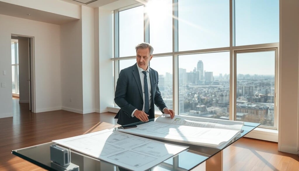 A well-lit interior with a realtor standing in a spacious room, examining floor plans and property documents spread out on a modern glass-topped table. Sunlight streams through large windows, casting a warm, professional glow. In the background, a city skyline is visible, hinting at the property's urban location. The realtor's expression is one of focused concentration, evaluating the investment potential of the space. The overall atmosphere conveys a sense of deliberation and careful consideration of the property's features and market value.