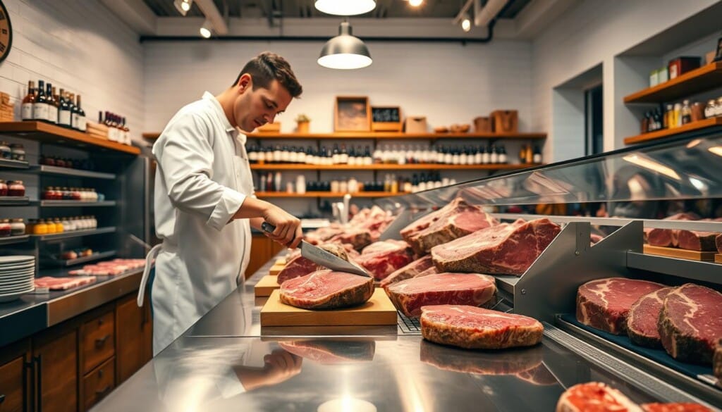 A well-lit, inviting butcher shop interior with a gleaming stainless steel counter displaying an array of fresh, high-quality cuts of meat. In the foreground, a skilled butcher in a crisp white apron expertly slices a juicy steak, showcasing the care and attention to detail that goes into each cut. The middle ground features wooden shelves stocked with specialty sauces, spices, and other premium butcher shop offerings. In the background, the warm glow of pendant lights highlights the clean, welcoming atmosphere, conveying a sense of craftsmanship and attention to detail that defines the premium butcher store experience.