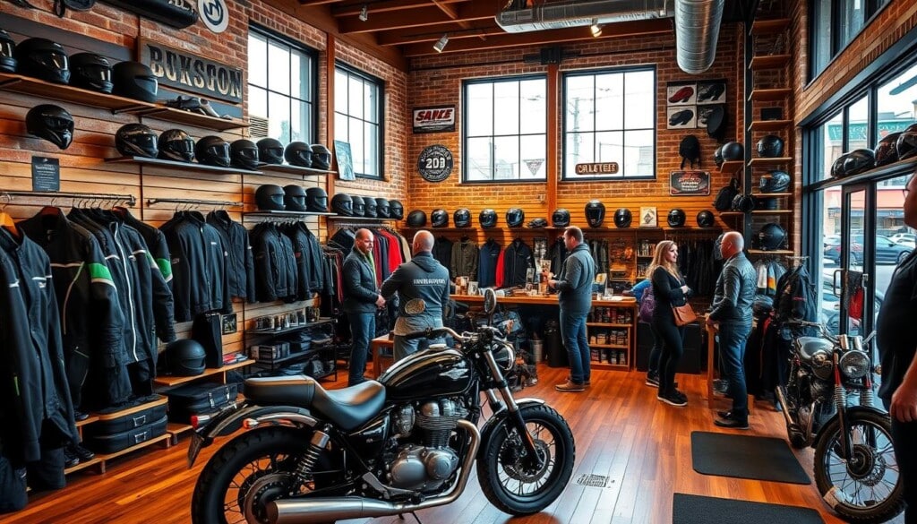 A well-lit, inviting interior of a local motorcycle gear store, with a variety of high-quality riding jackets, helmets, and accessories neatly displayed on shelves and racks. Warm hardwood floors, exposed brick walls, and large windows create a cozy, community-focused atmosphere. Customers browse the selection, chatting with knowledgeable staff who offer personalized recommendations. The store's branding and signage reflect its commitment to serving the local riding community. Outside, a vintage motorcycle is parked on the sidewalk, adding to the authentic, neighborhood vibe.