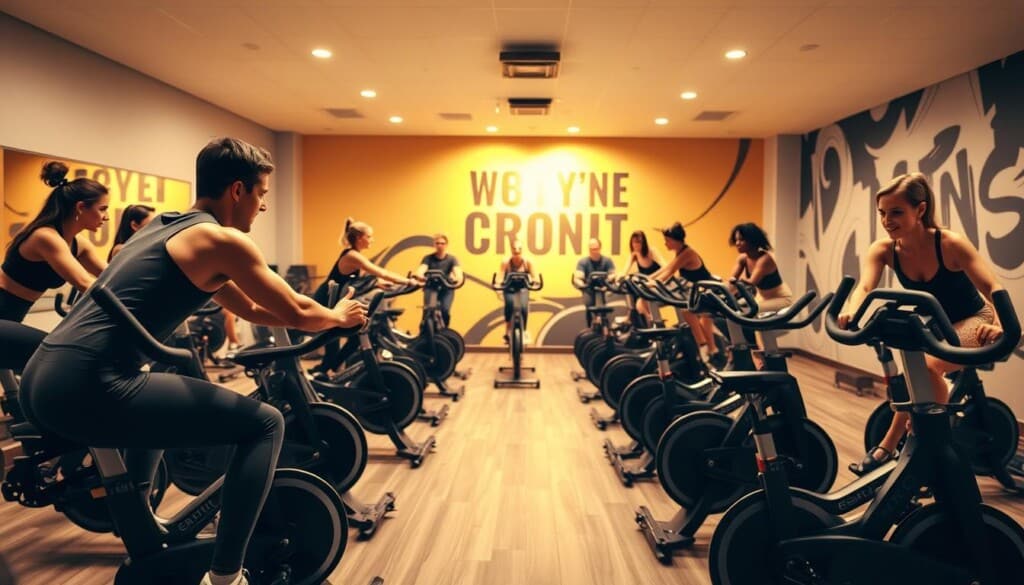 A well-lit, inviting spin studio with state-of-the-art stationary bikes arranged in a semicircle formation. In the foreground, a person in workout attire sits on a bike, reaching for the handlebars, ready to begin a high-intensity session. The middle ground shows other participants of varying ages and fitness levels, their expressions focused and determined. The background features a large, motivational mural or wall graphics, creating an energetic atmosphere. Soft, warm lighting casts a glow over the scene, heightening the sense of anticipation and excitement for the upcoming workout.