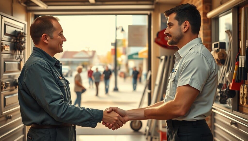 A well-lit, inviting storefront of a neighborhood garage door service center. In the foreground, a technician in a clean uniform assists a customer, their handshake conveying a sense of trust and professionalism. The middle ground showcases various garage door models and accessories, highlighting the wide range of services offered. In the background, the local street scene reflects a thriving community, with passers-by and other small businesses creating a vibrant atmosphere. Warm, soft lighting bathes the scene, evoking a feeling of approachability and reliability. The overall composition emphasizes the personal, community-driven nature of this local garage door service.