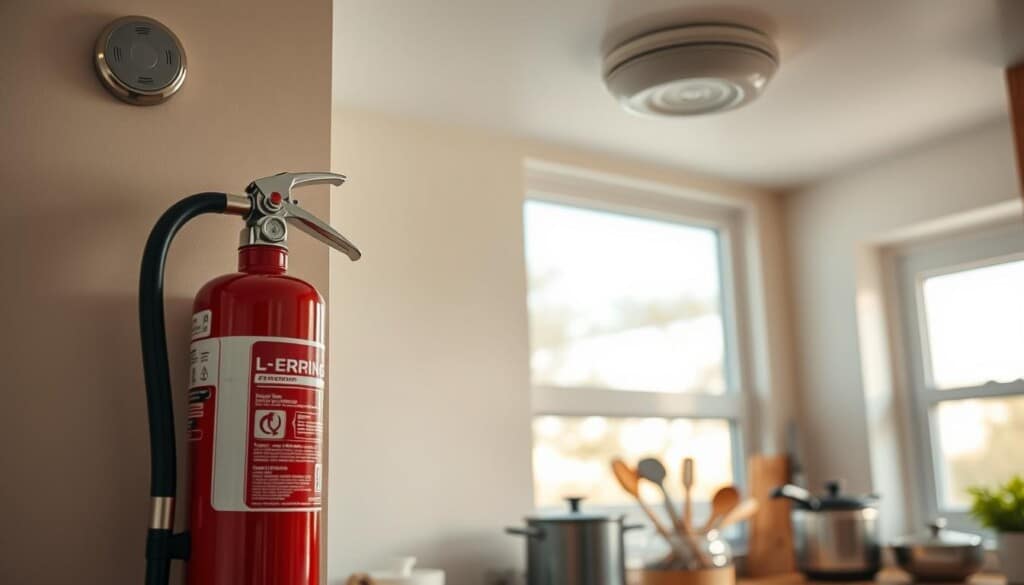 A well-lit kitchen interior, showcasing essential fire safety practices. In the foreground, a fire extinguisher mounted on the wall, gleaming chrome and ready for immediate use. Beside it, a smoke detector blends seamlessly into the ceiling, vigilantly monitoring for any signs of danger. The middle ground features a carefully curated arrangement of cooking utensils, highlighting the importance of fire-safe practices in the kitchen. In the background, a window offers a glimpse of a serene outdoor scene, conveying a sense of security and tranquility. The overall atmosphere exudes a harmonious balance of functionality and aesthetic appeal, emphasizing the critical role of fire safety in a secure home environment.