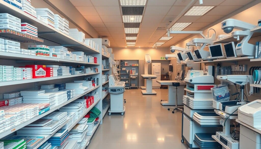 A well-lit medical supply shop interior, with rows of shelves stocked with neatly organized medical equipment and supplies. In the foreground, a selection of essential items such as bandages, syringes, thermometers, and surgical gloves. In the middle ground, a variety of diagnostic tools, including stethoscopes, blood pressure cuffs, and otoscopes. The background features larger medical devices like examination tables, X-ray machines, and ultrasound scanners, all bathed in a clean, professional atmosphere with warm, indirect lighting. The overall scene conveys a sense of reliability, efficiency, and the highest standards of healthcare.