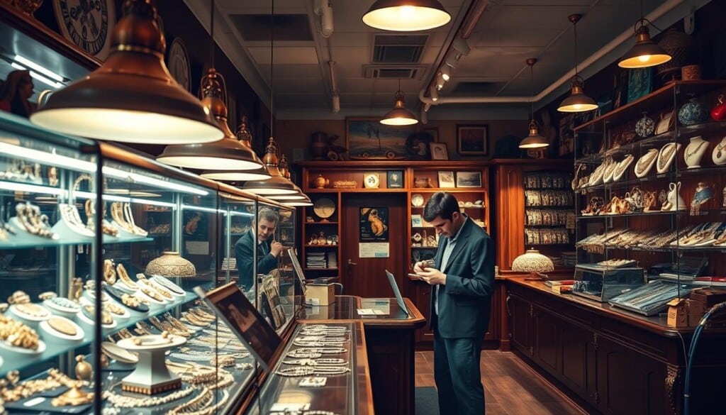 A well-lit, mid-century modern pawn shop interior, with a gleaming glass display case showcasing an array of glittering jewelry. Ornate lamps cast a warm glow, illuminating the polished wooden countertops and metal shelves stocked with a diverse collection of gold, silver, and gemstone-adorned trinkets. A lone customer examines a pendant necklace, considering its worth, while the shrewd pawnbroker observes from behind the counter, ready to offer a fair price. The atmosphere is one of quiet contemplation, where the value of each item is carefully weighed and negotiated.