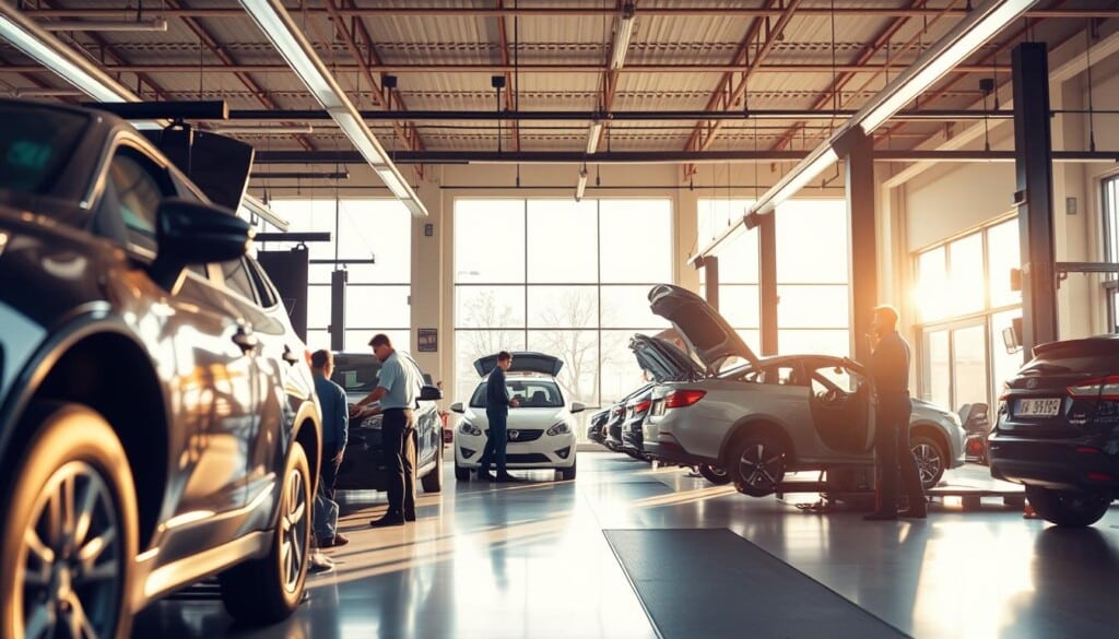 A well-lit, modern auto body repair shop with a warm, welcoming atmosphere. The foreground showcases a team of skilled technicians expertly repairing a car, using professional-grade tools and equipment. The middle ground features a row of neatly organized vehicles in various stages of restoration, reflecting the shop's attention to detail and commitment to quality work. In the background, large windows allow natural light to flood the space, creating a bright and airy ambiance. Subtle branding elements, such as a logo or signage, subtly convey the business's identity. The overall scene exudes a sense of professionalism, efficiency, and customer-centric service.