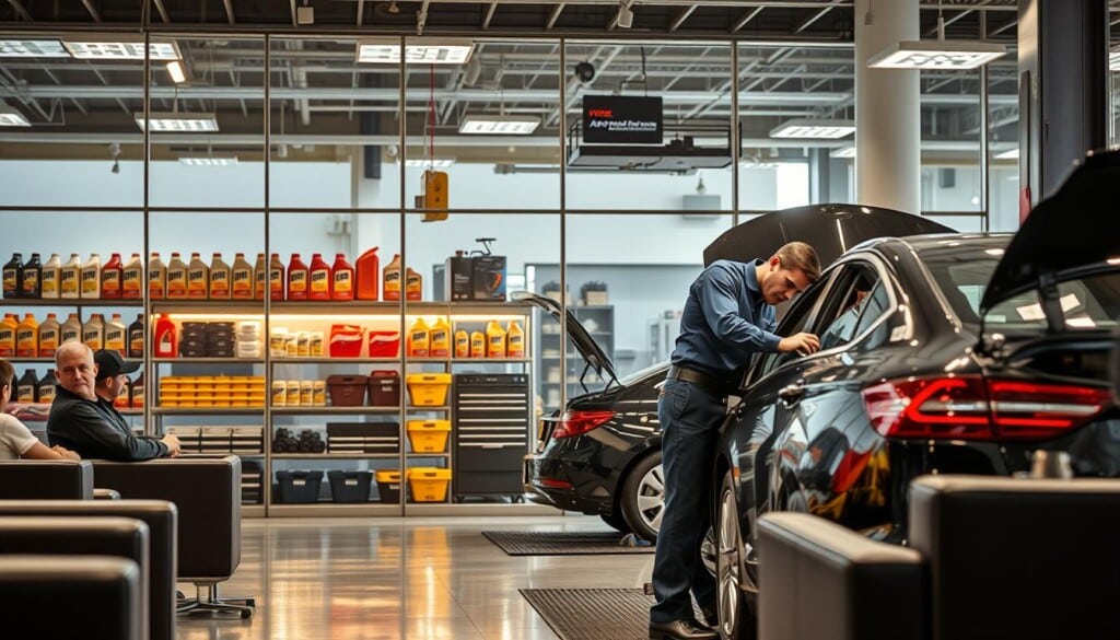 A well-lit, modern auto repair shop interior featuring a large glass storefront, showcasing a gleaming array of tools, equipment, and high-quality motor oils neatly displayed on shelves. In the foreground, a mechanic in a crisp uniform performs a meticulous oil change on a late-model sedan, while customers observe from comfortable seating areas. The atmosphere conveys a sense of professionalism, efficiency, and attention to detail, with warm lighting and subtle branding elements that reinforce the "premium" nature of the services offered.