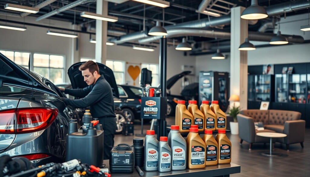 A well-lit, modern auto repair shop with a focus on oil change services. In the foreground, a technician in a professional uniform is changing the oil of a mid-sized sedan, with tools and supplies neatly organized on a workbench. The middle ground features a display of premium motor oils and filters, with clear labeling and branding. In the background, the shop's waiting area has comfortable seating, complemented by warm lighting and tasteful decor, conveying a sense of professionalism and attention to customer experience. The overall atmosphere radiates efficiency, expertise, and a commitment to providing top-notch auto maintenance services.