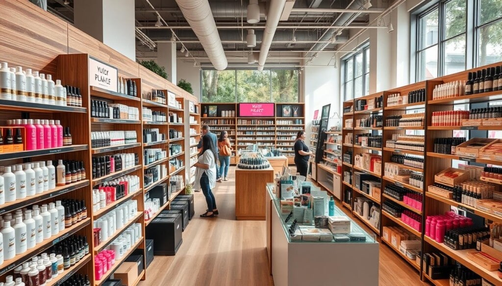 A well-lit, modern beauty supply store with a vibrant, inviting atmosphere. Rows of shelves display an array of premium haircare, skincare, and makeup products, showcasing an impressive selection. The store's interior features clean, minimalist design elements with a mix of natural and industrial materials. Large windows allow ample natural light to flood the space, creating a warm and welcoming ambiance. Customers can be seen browsing the aisles, examining the high-quality merchandise. The overall scene conveys a sense of professionalism, quality, and attention to detail that reflects the store's reputation for providing the best beauty supply essentials.