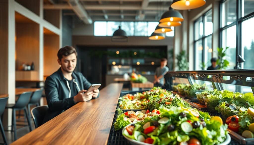 A well-lit, modern cafe interior with an open, airy atmosphere. In the foreground, a stylish customer sits at a sleek wooden table, perusing a tablet or smartphone as they prepare to order a fresh, vibrant salad. The middle ground features a beautifully presented salad bar, showcasing an array of crisp greens, colorful vegetables, and delectable toppings. The background reveals large windows allowing natural light to flood the space, creating a inviting, healthy ambiance. The lighting is warm and diffused, accentuating the textures and colors of the ingredients. The overall scene conveys an elevated, premium "salad experience" catering to a health-conscious, discerning clientele.
