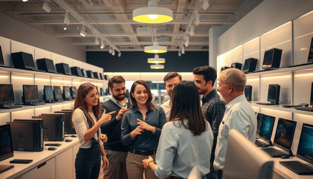 A well-lit, modern computer store interior, with rows of desktops and laptops displayed on sleek shelves. In the foreground, a group of friendly, knowledgeable computer experts in casual business attire huddle around a customer, gesturing animatedly as they explain technical details. Warm lighting from overhead fixtures casts a welcoming glow, and the store's minimalist, high-tech design creates an atmosphere of professionalism and expertise. The experts' faces convey a genuine eagerness to assist, reflecting the store's commitment to personalized customer service.