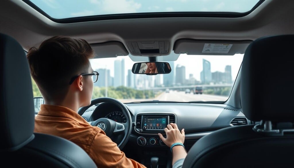 A well-lit, modern driving scene with a young, confident driver behind the wheel of a compact sedan, focusing intently on the road ahead. In the middle ground, a dashboard display provides essential information such as speed, fuel level, and navigation, while the windshield offers a clear view of the urban landscape beyond. In the background, a city skyline with towering skyscrapers and lush greenery creates a sense of context and possibility. The overall mood is one of optimism, safety, and the thrill of the open road, capturing the spirit of a first-time driver's journey.