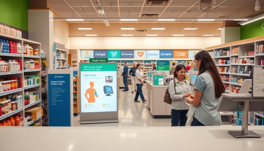 A well-lit, modern drugstore interior with a welcoming atmosphere. In the foreground, a pharmacy counter with a friendly pharmacist assisting a customer. Behind them, shelves stocked with a variety of medications, vitamins, and personal care products. The middle ground features an aisle lined with interactive displays showcasing the store's health services, such as flu shots and diabetes screenings. In the background, a bright, clean checkout area with helpful staff guiding customers. Warm, natural lighting casts a soothing glow over the scene, creating a comforting, trustworthy ambiance.