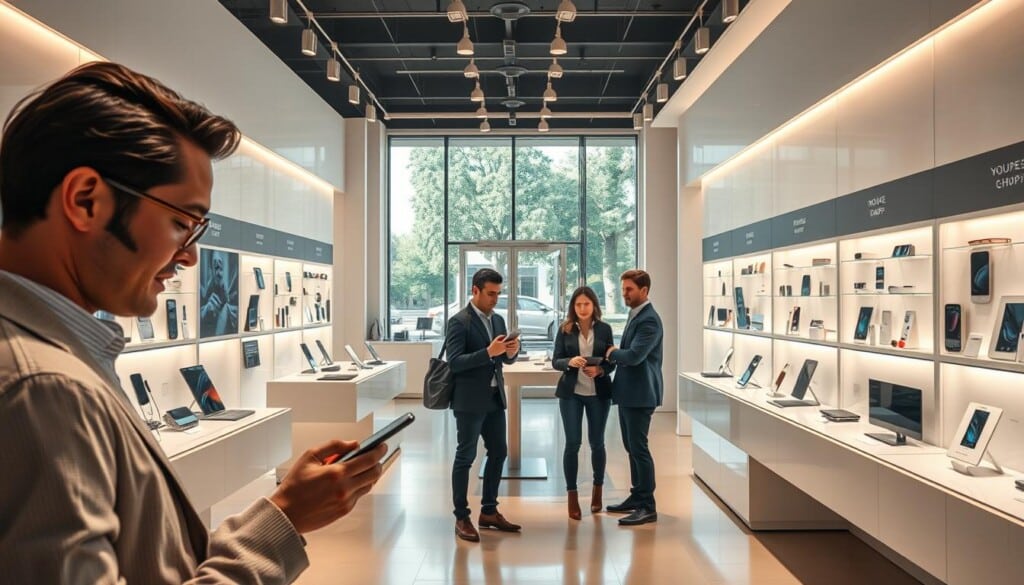 A well-lit modern electronic shop interior with sleek, minimalist displays showcasing a variety of the latest gadgets and devices. In the foreground, a stylish customer examines a smartphone, while friendly sales associates assist others in the middle ground. The background features an expansive glass storefront allowing natural light to flood the space, creating an airy, inviting atmosphere. Subtle product branding and signage provide helpful information without distracting from the overall clean, sophisticated aesthetic. The lighting is warm and balanced, accentuating the high-quality merchandise and creating an elevated, premium shopping experience.