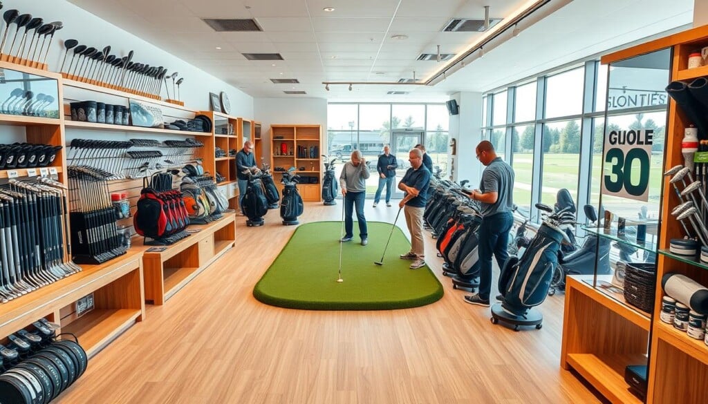 A well-lit, modern golf equipment store with a spacious, clean interior. The foreground features an array of premium golf clubs, bags, and accessories neatly displayed on wooden shelves and glass cases. In the middle ground, golfers are trying out the latest drivers and putters on a realistic putting green, while knowledgeable staff provide personalized assistance. The background showcases a panoramic view of the store's exterior, with large windows allowing ample natural light to flood the space, creating a warm, inviting atmosphere. The overall impression is one of a high-end, specialized golf retailer catering to the needs of discerning players.