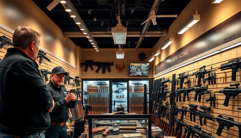 A well-lit, modern gun store interior with a knowledgeable employee assisting a customer. The middle ground features a display of various firearms, neatly organized and showcased. In the background, a security camera system monitors the premises, ensuring the safety and security of the establishment and its patrons. The overall atmosphere conveys a sense of professionalism, responsibility, and a commitment to community safety. Soft, warm lighting and a clean, organized layout create a welcoming and trustworthy environment.