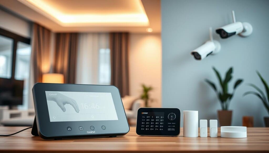 A well-lit, modern home interior showcasing a selection of cutting-edge security systems. In the foreground, a state-of-the-art smart home hub commands attention, its sleek touch panel and discreet camera sensors hinting at its advanced surveillance capabilities. In the middle ground, a wireless alarm system with motion detectors and door/window sensors blends seamlessly into the décor. The background features a high-definition security camera mounted inconspicuously on the wall, its lens capturing a wide, panoramic view of the room. The overall scene conveys a sense of comprehensive, unobtrusive protection for the modern homeowner.