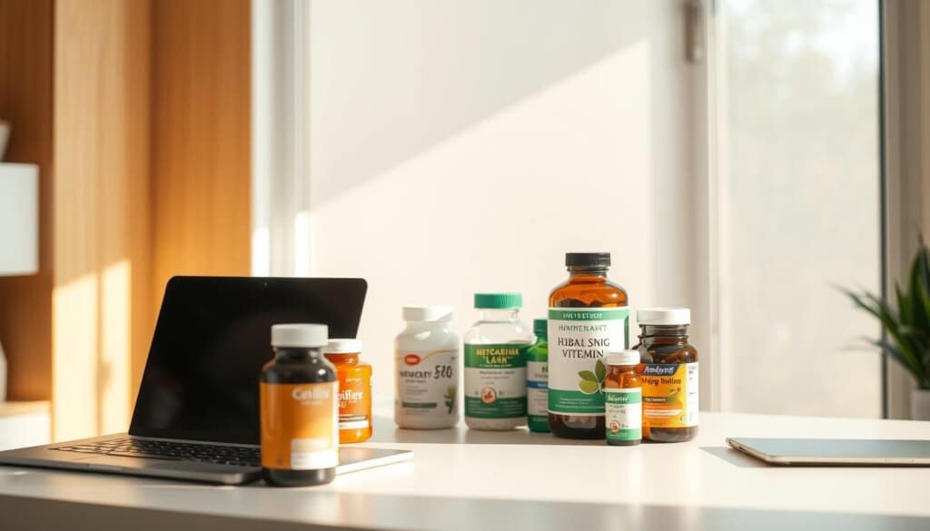 A well-lit, modern home office with a minimalist desk and a laptop computer. On the desk, a variety of health supplement bottles, including vitamins, minerals, and herbal remedies, are neatly arranged. The background features a warm, natural-toned wall, with a large window allowing soft, diffused sunlight to fill the space. The overall atmosphere conveys a sense of organization, wellness, and the convenience of online health supplement shopping.