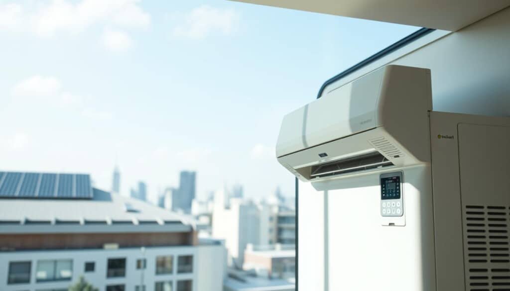 A well-lit, modern interior with a sleek, energy-efficient air conditioning unit prominently featured in the foreground. The unit's control panel and vents are clearly visible, showcasing its advanced technology. In the middle ground, solar panels on the roof capture renewable energy, while in the background, a cityscape with sustainable architecture creates a sense of urban progress. The lighting is soft and natural, emphasizing the efficient and environmentally conscious design. The overall atmosphere conveys a sense of comfort, technology, and environmental responsibility.
