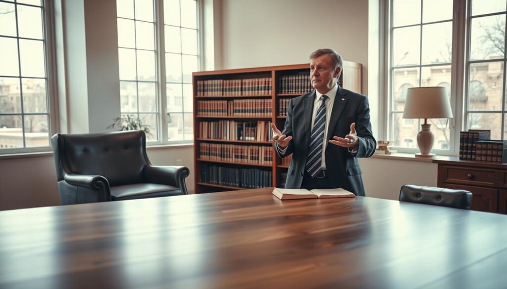 A well-lit, modern law office interior, with a large wooden desk in the foreground. Behind the desk, a comfortable armchair and a bookshelf filled with legal volumes. In the middle ground, a client and an attorney engaged in a serious, focused discussion, with the attorney gesturing expressively. The background showcases large windows, allowing natural light to flood the space and create a warm, professional atmosphere. The scene conveys a sense of trust, expertise, and attentive consultation between the client and the experienced DWI attorney.