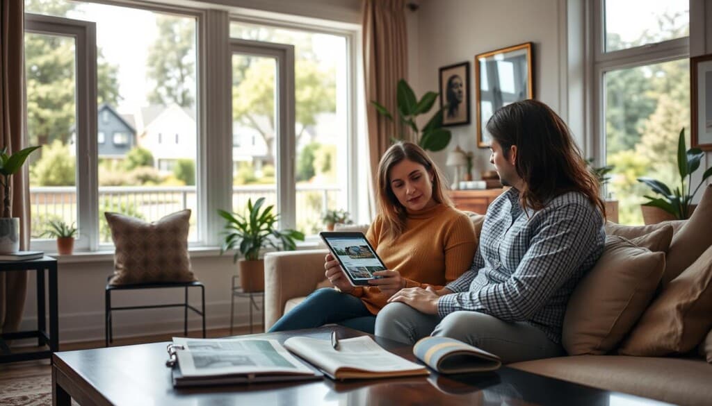 A well-lit modern living room with large windows overlooking a lush residential neighborhood. In the foreground, a couple sits on a comfortable couch, intently studying rental listings and property details displayed on a tablet. In the middle ground, a coffee table holds real estate brochures and a notebook filled with notes. The background features tasteful decor, including framed artwork and potted plants, conveying a sense of domestic tranquility. The overall mood is one of focused attention and thoughtful evaluation as the couple considers their options for their next rental property investment.