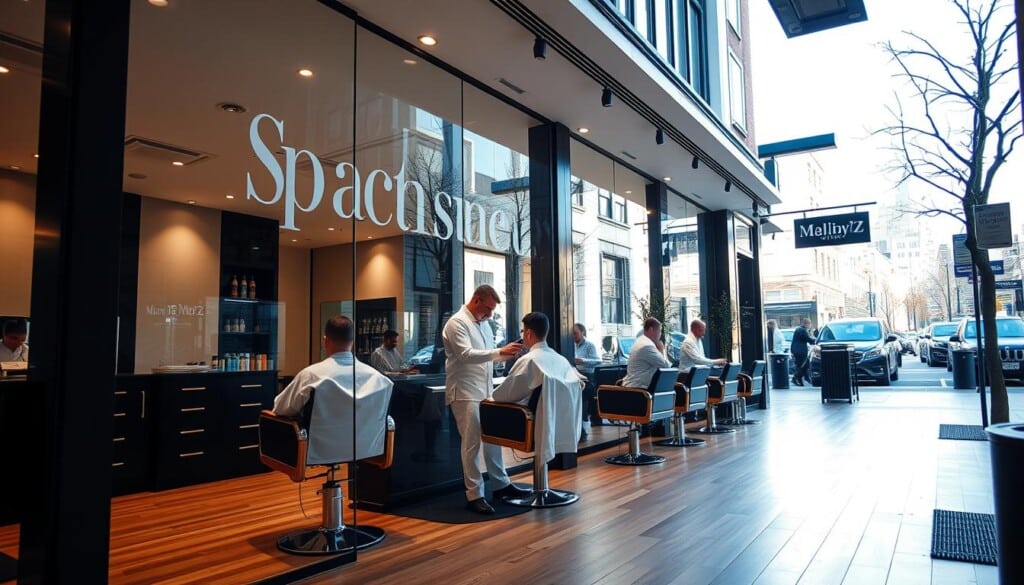 A well-lit, modern men's hair salon nestled in a bustling city neighborhood. The storefront features large windows showcasing the sleek, minimalist interior design - polished wood floors, chrome accents, and minimalist furnishings. Three professional stylists in crisp white uniforms attend to their clients with precision and care, snipping and styling the latest trendy haircuts. A calming, upbeat atmosphere pervades the space, with soft jazz music playing overhead. Natural light floods the salon, casting a warm, inviting glow on the proceedings. The overall impression is one of effortless sophistication and top-notch service, perfectly encapsulating the "LocalZ: Your Gateway to Local Men's Hair Salons" vibe.