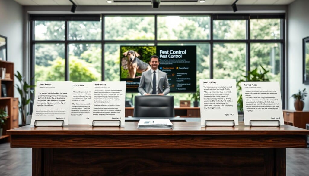 A well-lit, modern office interior with a large window showcasing a lush, verdant landscape. In the foreground, a sturdy, wooden desk displays an array of neatly organized documents, including customer testimonials and service offerings from a professional pest control company. The testimonials feature satisfied customers describing the company's reliable, comprehensive services and attention to detail. In the middle ground, a large, flat-screen monitor displays company information and a professional, approachable staff member ready to assist. The background features tasteful decor and minimalist design elements, creating an atmosphere of trust, competence, and customer-centric focus.