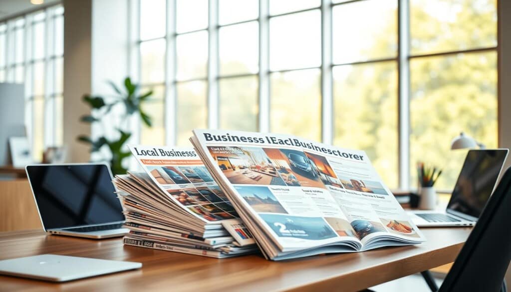 A well-lit, modern office scene showcasing a variety of physical local business directories. Neatly arranged directories sit atop a sleek wooden desk, with a professional-looking laptop and office supplies nearby. The background features floor-to-ceiling windows, allowing natural light to flood the space and create a warm, inviting atmosphere. The directories feature clear, legible text and visuals, highlighting the diverse range of local businesses. A sense of organization and attention to detail pervades the scene, emphasizing the importance of these directories in helping people discover and connect with local enterprises.