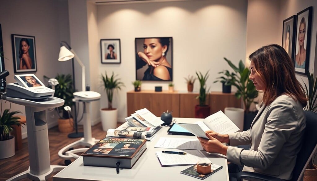 A well-lit, modern office setting with a warm, professional atmosphere. In the foreground, a person sitting at a desk, reviewing financial documents and discussing options with a financial advisor. The middle ground features medical equipment and brochures about various cosmetic procedures, hinting at the topic. The background showcases inspiring artwork, plants, and other design elements that create a calming, inviting ambiance. The lighting is soft and directional, creating subtle shadows and highlights that add depth and dimension to the scene. The overall composition conveys a sense of trust, expertise, and financial consideration for cosmetic surgery.