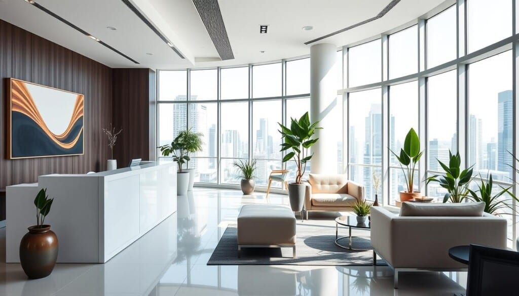 A well-lit, modern office space with sleek, contemporary furnishings. Large windows provide ample natural light, illuminating the spacious layout and clean, minimalist design. Tasteful artwork adorns the walls, and potted plants add a touch of greenery. The reception area features a minimalist reception desk and plush seating, creating a warm and inviting atmosphere. The background showcases a cityscape through the windows, hinting at the prime location of this premium office space available for lease.