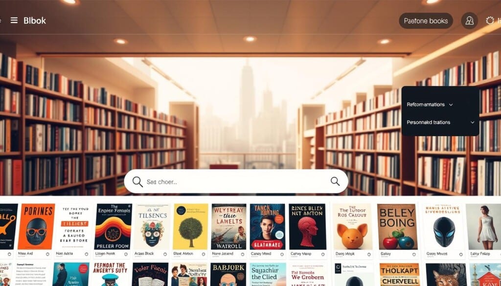 A well-lit, modern online bookstore interface with a clean, minimalist design. In the foreground, a large central search bar with a magnifying glass icon invites the user to explore. Surrounding it, a grid of book covers in various genres and styles, each with a brief description. In the middle ground, a series of personalized recommendations based on browsing history or preferences. A sidebar menu offers filters and sorting options. The background features a warm, soft-focus cityscape, hinting at the wide world of literary discovery beyond the screen. Bright, natural lighting creates a welcoming, inviting atmosphere, drawing the viewer into the virtual bookstore experience.